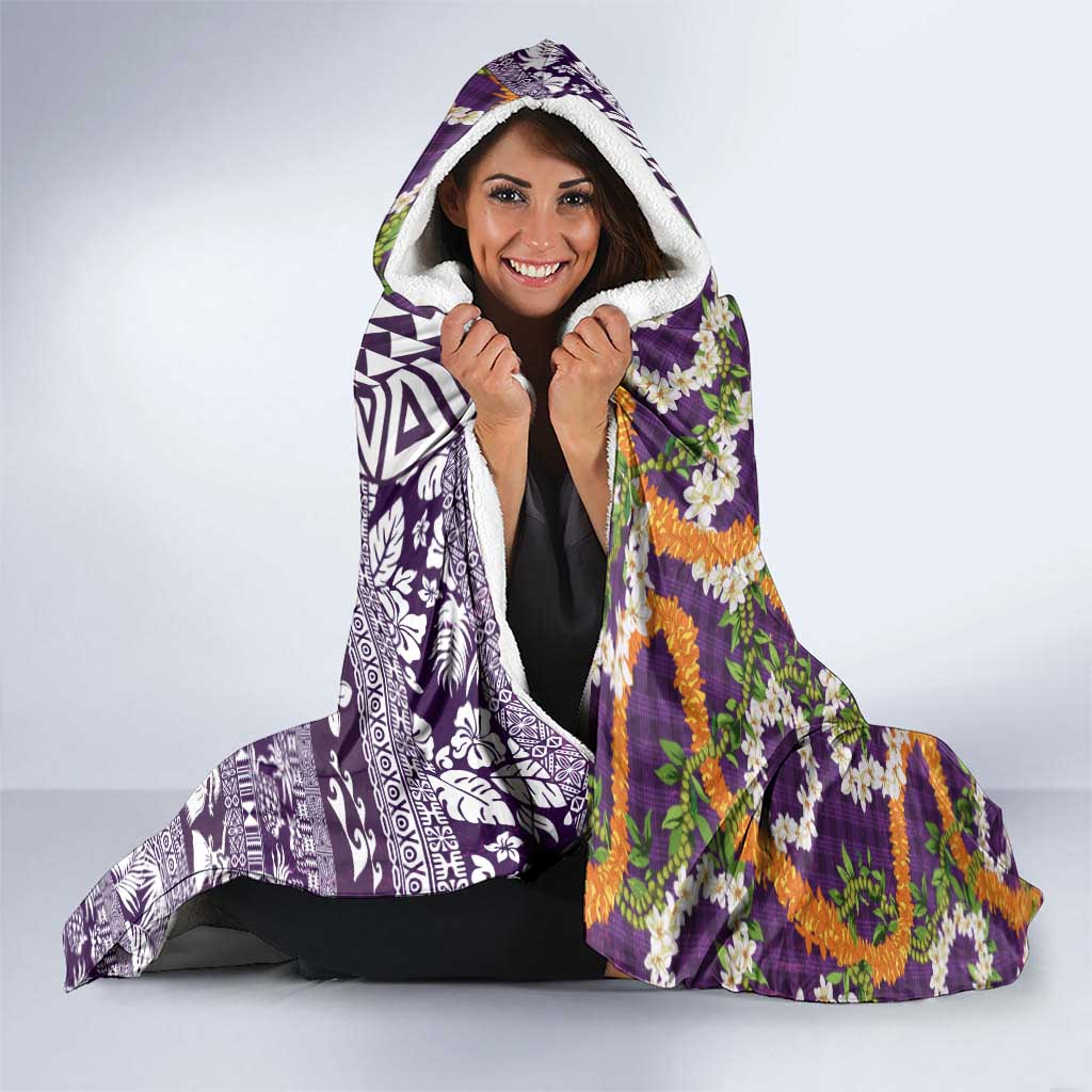 Hawaiian Plumeria Lei Hooded Blanket Kakau Motifs and Palaka Half Style Purple Color LT03 - Polynesian Pride