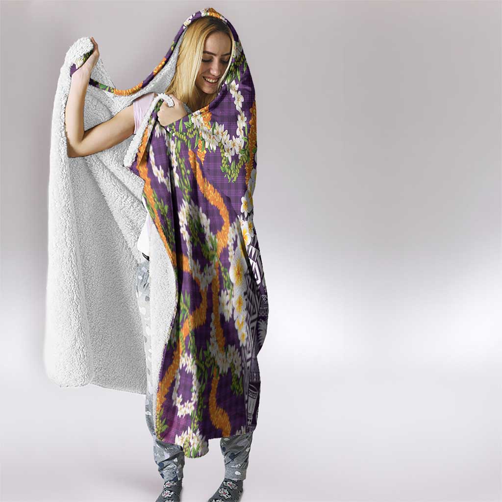 Hawaiian Plumeria Lei Hooded Blanket Kakau Motifs and Palaka Half Style Purple Color LT03 - Polynesian Pride