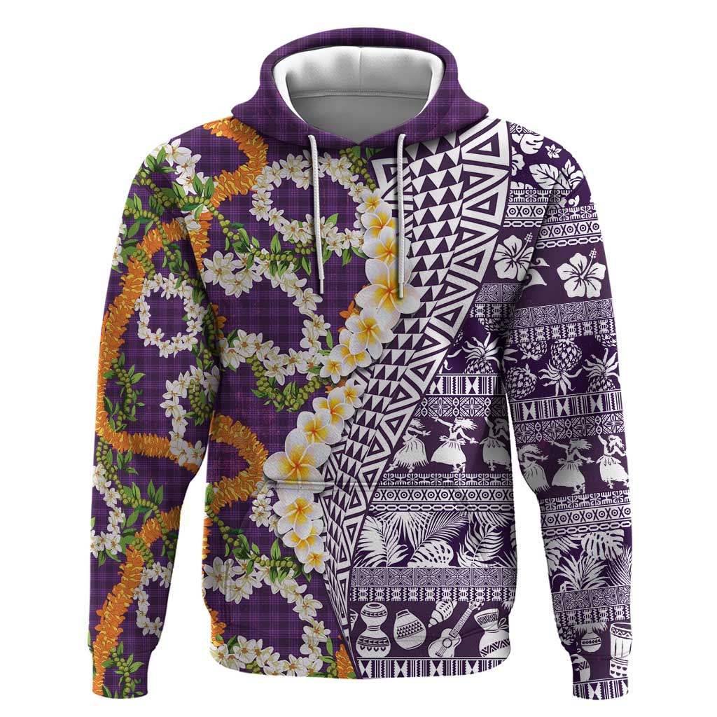 Hawaiian Plumeria Lei Hoodie Kakau Motifs and Palaka Half Style Purple Color LT03 Pullover Hoodie Purple - Polynesian Pride