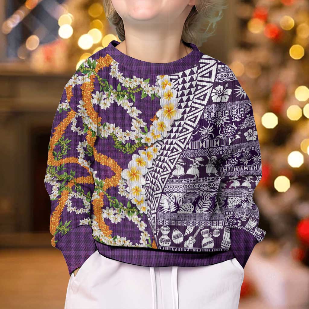 Hawaiian Plumeria Lei Kid Ugly Christmas Sweater Kakau Motifs and Palaka Half Style Purple Color LT03 - Polynesian Pride
