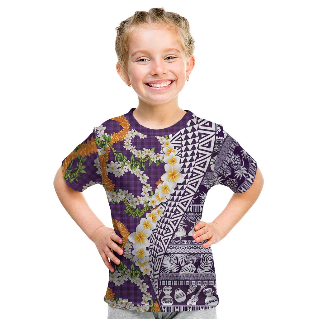 Hawaiian Plumeria Lei Kid T Shirt Kakau Motifs and Palaka Half Style Purple Color LT03 Purple - Polynesian Pride