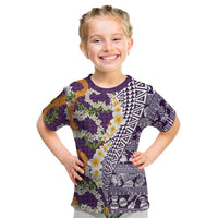 Hawaiian Plumeria Lei Kid T Shirt Kakau Motifs and Palaka Half Style Purple Color LT03 Purple - Polynesian Pride
