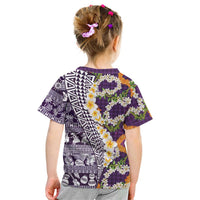 Hawaiian Plumeria Lei Kid T Shirt Kakau Motifs and Palaka Half Style Purple Color LT03 - Polynesian Pride
