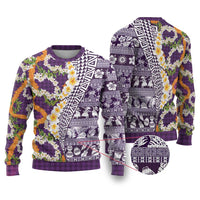 Hawaiian Plumeria Lei Ugly Christmas Sweater Kakau Motifs and Palaka Half Style Purple Color LT03 Purple - Polynesian Pride