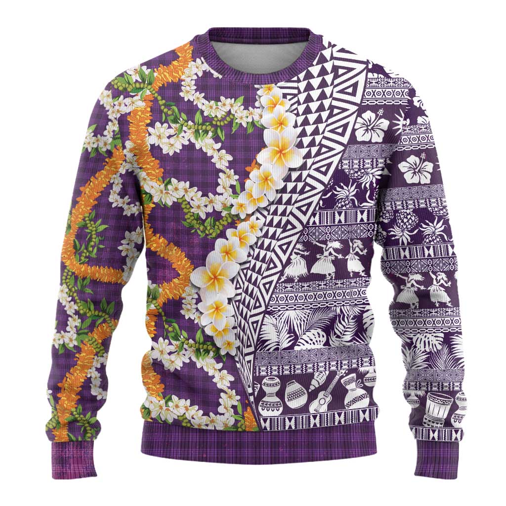 Hawaiian Plumeria Lei Ugly Christmas Sweater Kakau Motifs and Palaka Half Style Purple Color LT03 - Polynesian Pride
