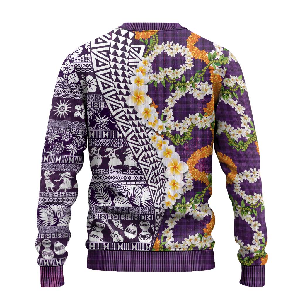 Hawaiian Plumeria Lei Ugly Christmas Sweater Kakau Motifs and Palaka Half Style Purple Color LT03 - Polynesian Pride
