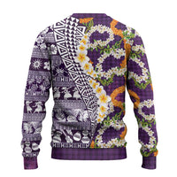 Hawaiian Plumeria Lei Ugly Christmas Sweater Kakau Motifs and Palaka Half Style Purple Color LT03 - Polynesian Pride