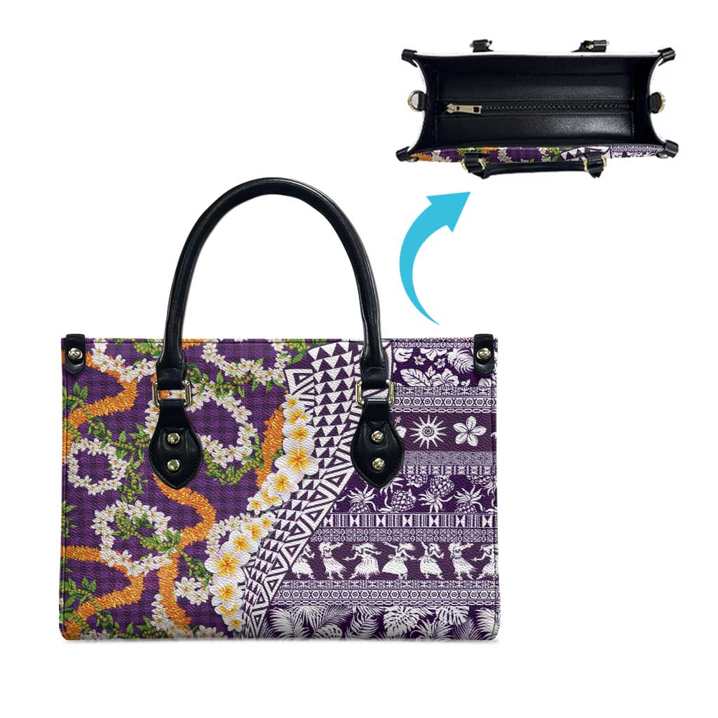 Hawaiian Plumeria Lei Leather Bag Kakau Motifs and Palaka Half Style Purple Color LT03 - Polynesian Pride
