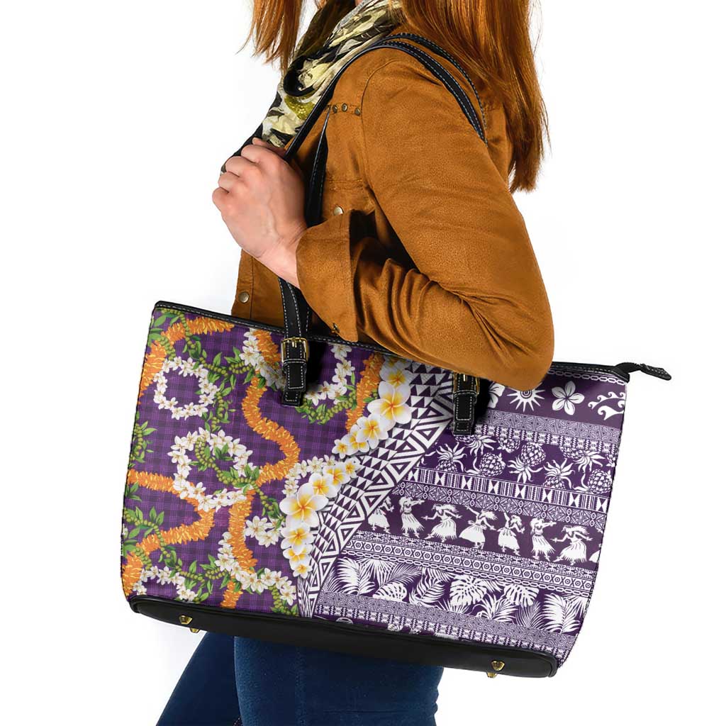 Hawaiian Plumeria Lei Leather Tote Bag Kakau Motifs and Palaka Half Style Purple Color LT03 Purple - Polynesian Pride