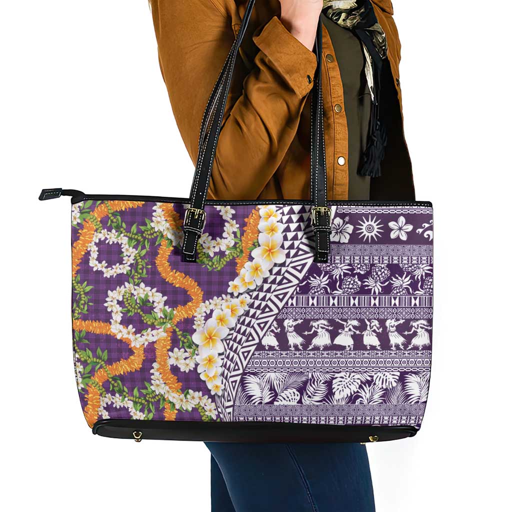 Hawaiian Plumeria Lei Leather Tote Bag Kakau Motifs and Palaka Half Style Purple Color LT03 - Polynesian Pride