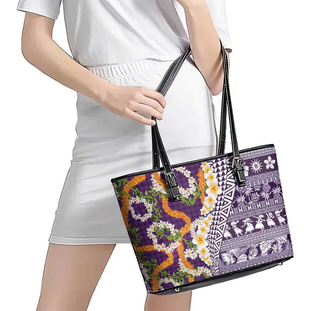 Hawaiian Plumeria Lei Leather Tote Bag Kakau Motifs and Palaka Half Style Purple Color LT03 - Polynesian Pride