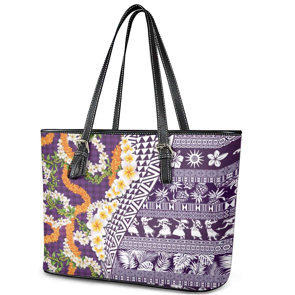 Hawaiian Plumeria Lei Leather Tote Bag Kakau Motifs and Palaka Half Style Purple Color LT03 - Polynesian Pride