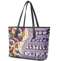 Hawaiian Plumeria Lei Leather Tote Bag Kakau Motifs and Palaka Half Style Purple Color LT03 - Polynesian Pride