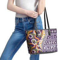 Hawaiian Plumeria Lei Leather Tote Bag Kakau Motifs and Palaka Half Style Purple Color LT03 - Polynesian Pride