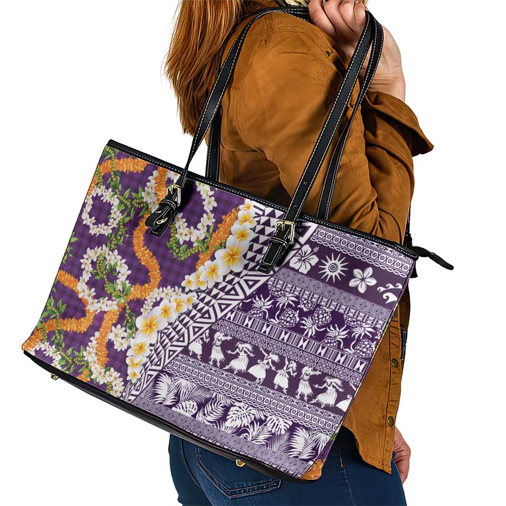 Hawaiian Plumeria Lei Leather Tote Bag Kakau Motifs and Palaka Half Style Purple Color LT03 - Polynesian Pride
