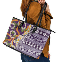 Hawaiian Plumeria Lei Leather Tote Bag Kakau Motifs and Palaka Half Style Purple Color LT03 - Polynesian Pride