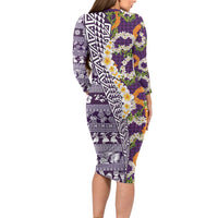 Hawaiian Plumeria Lei Long Sleeve Bodycon Dress Kakau Motifs and Palaka Half Style Purple Color LT03 - Polynesian Pride