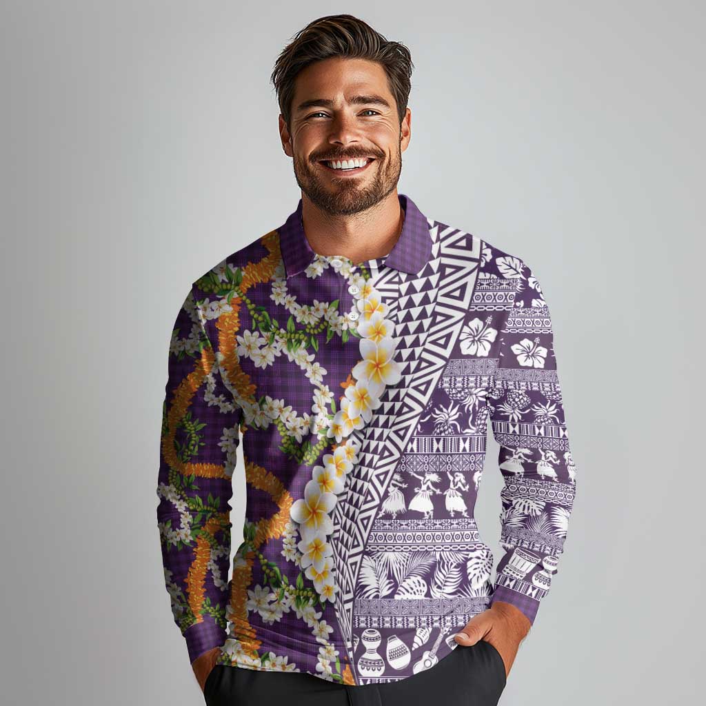 Hawaiian Plumeria Lei Long Sleeve Polo Shirt Kakau Motifs and Palaka Half Style Purple Color LT03 - Polynesian Pride