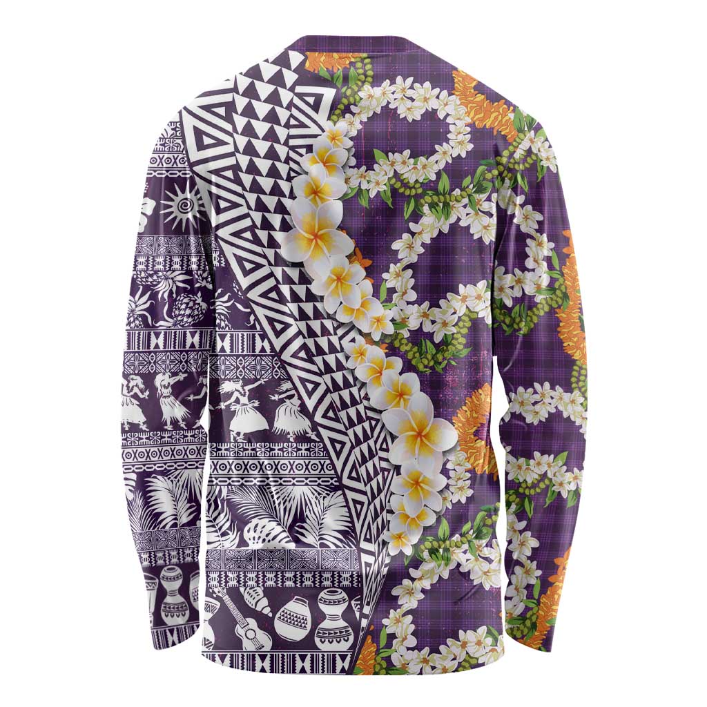 Hawaiian Plumeria Lei Long Sleeve Shirt Kakau Motifs and Palaka Half Style Purple Color LT03 - Polynesian Pride