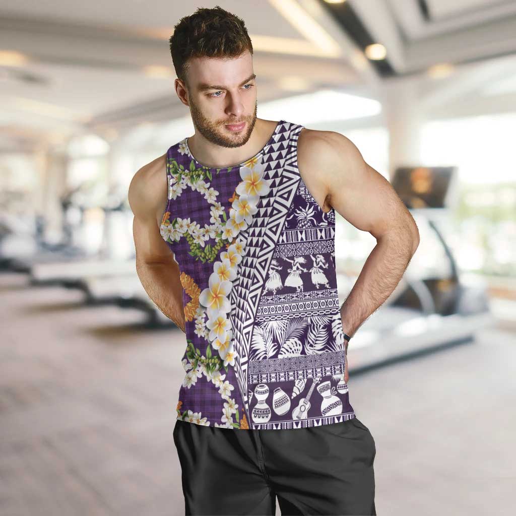 Hawaiian Plumeria Lei Men Tank Top Kakau Motifs and Palaka Half Style Purple Color LT03 Purple - Polynesian Pride