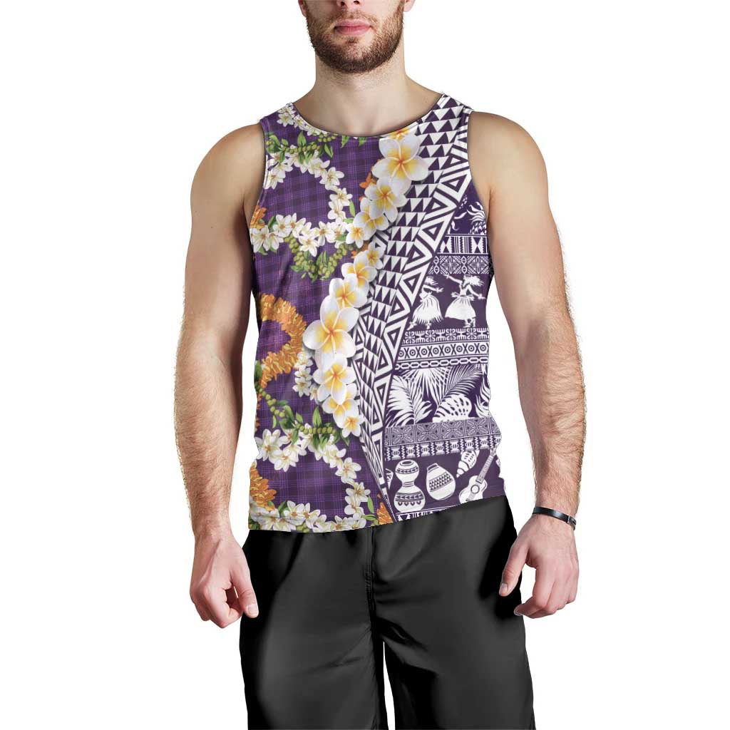 Hawaiian Plumeria Lei Men Tank Top Kakau Motifs and Palaka Half Style Purple Color LT03 - Polynesian Pride