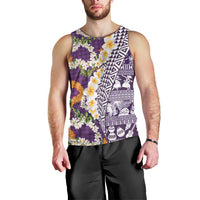 Hawaiian Plumeria Lei Men Tank Top Kakau Motifs and Palaka Half Style Purple Color LT03 - Polynesian Pride