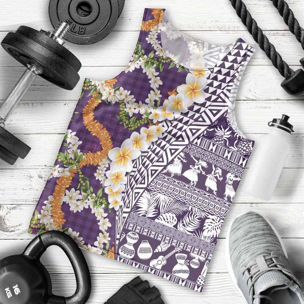 Hawaiian Plumeria Lei Men Tank Top Kakau Motifs and Palaka Half Style Purple Color LT03 - Polynesian Pride