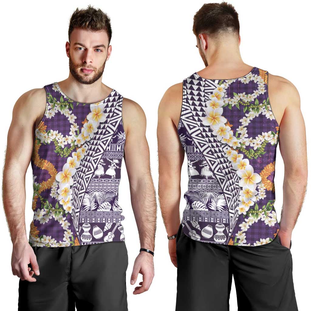 Hawaiian Plumeria Lei Men Tank Top Kakau Motifs and Palaka Half Style Purple Color LT03 - Polynesian Pride
