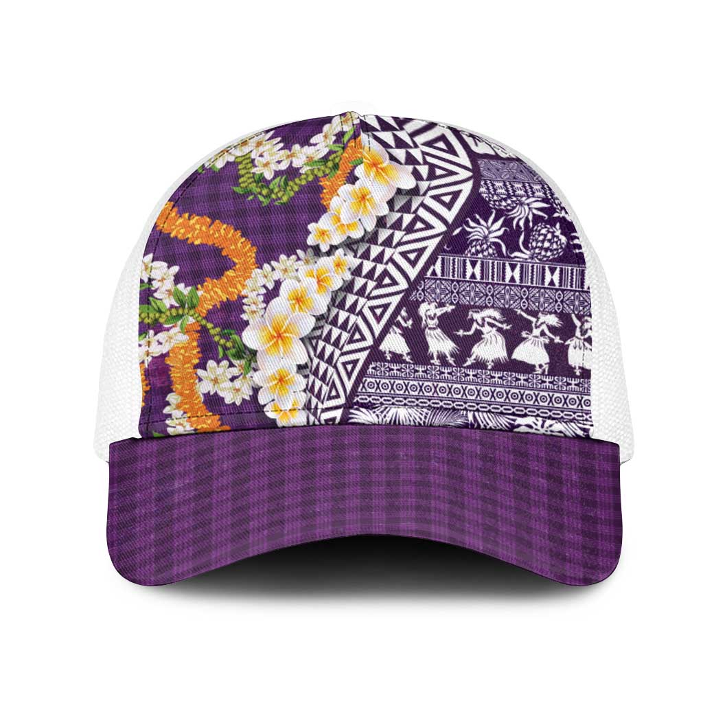 Hawaiian Plumeria Lei Mesh Trucker Cap Kakau Motifs and Palaka Half Style Purple Color - Polynesian Pride