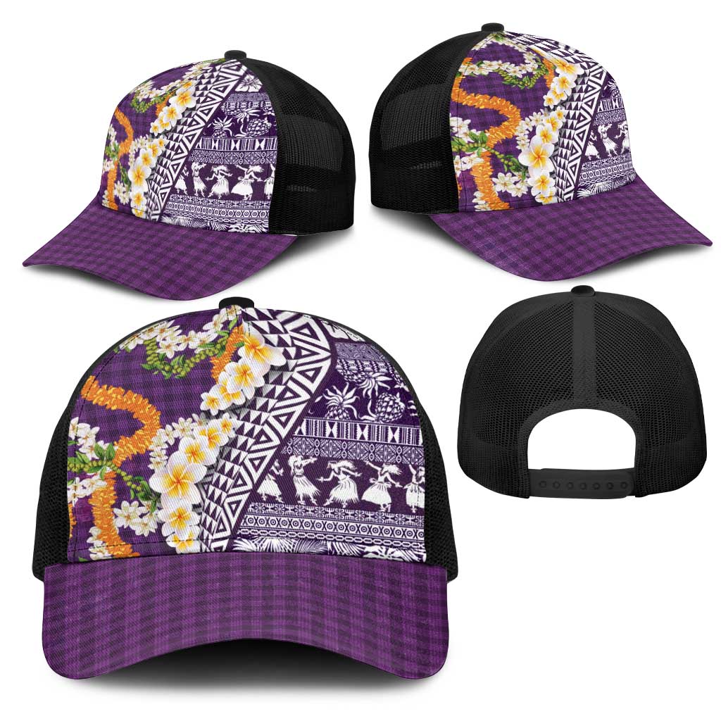 Hawaiian Plumeria Lei Mesh Trucker Cap Kakau Motifs and Palaka Half Style Purple Color LT03 - Polynesian Pride