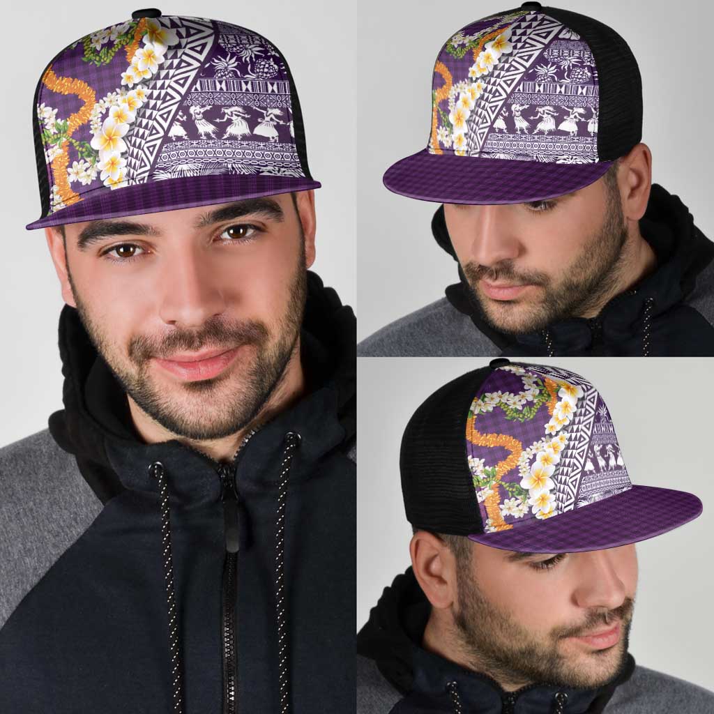 Hawaiian Plumeria Lei Mesh Trucker Cap Kakau Motifs and Palaka Half Style Purple Color LT03 - Polynesian Pride