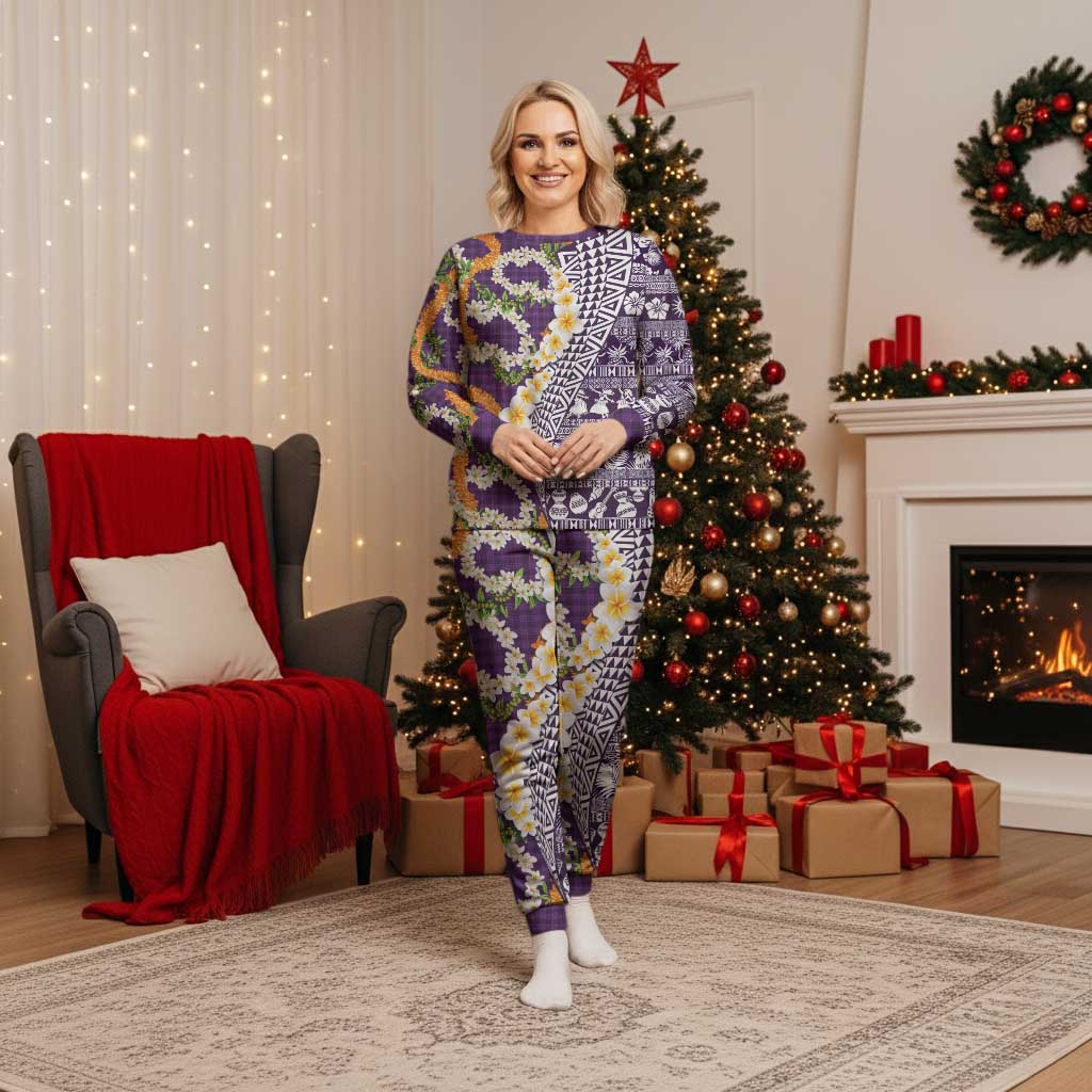 Hawaiian Plumeria Lei Christmas Pajama Set Kakau Motifs and Palaka Half Style Purple Color LT03 Women Purple - Polynesian Pride