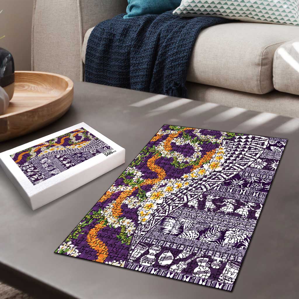 Hawaiian Plumeria Lei Puzzle Kakau Motifs and Palaka Half Style Purple Color LT03 - Polynesian Pride
