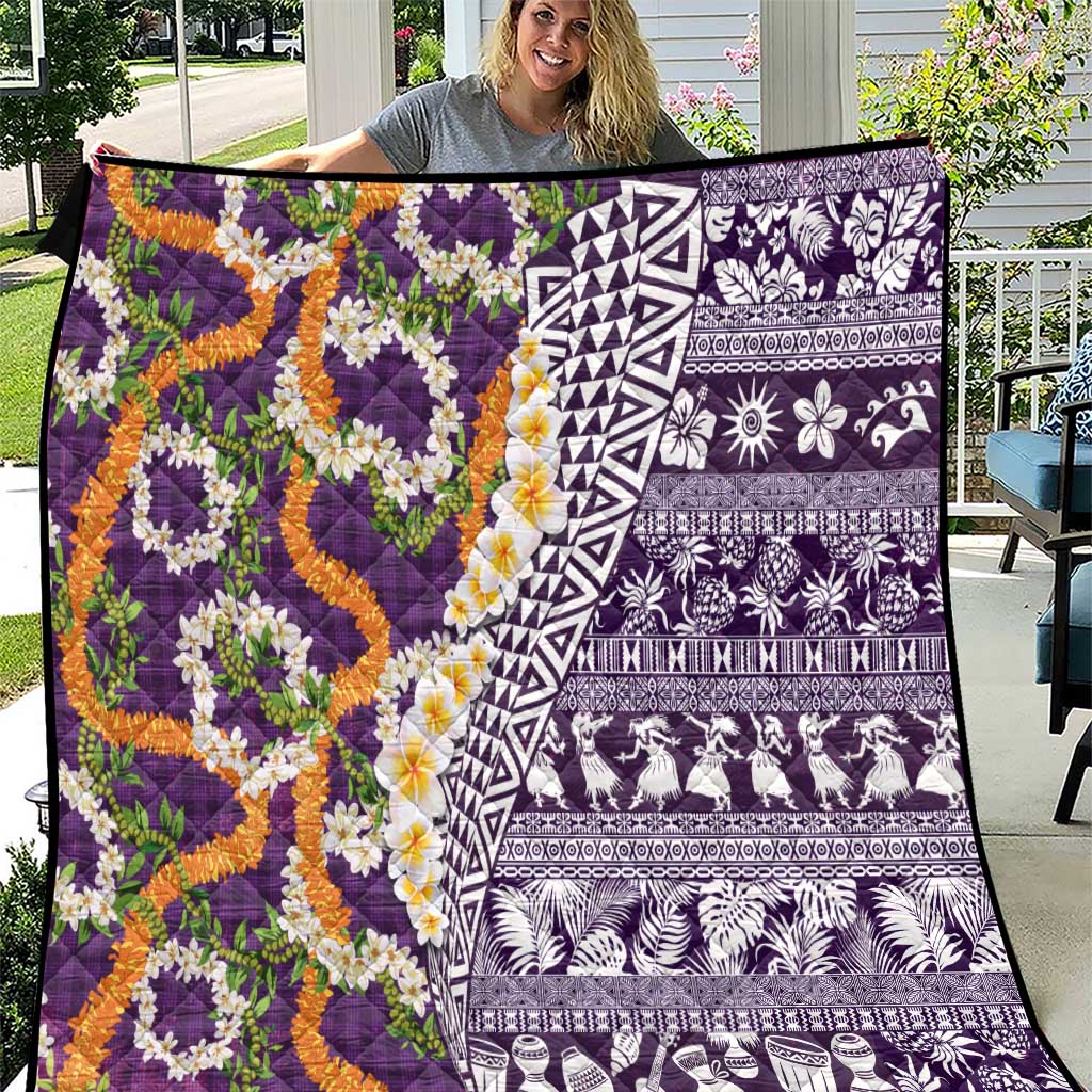 Hawaiian Plumeria Lei Quilt Kakau Motifs and Palaka Half Style Purple Color LT03 Purple - Polynesian Pride