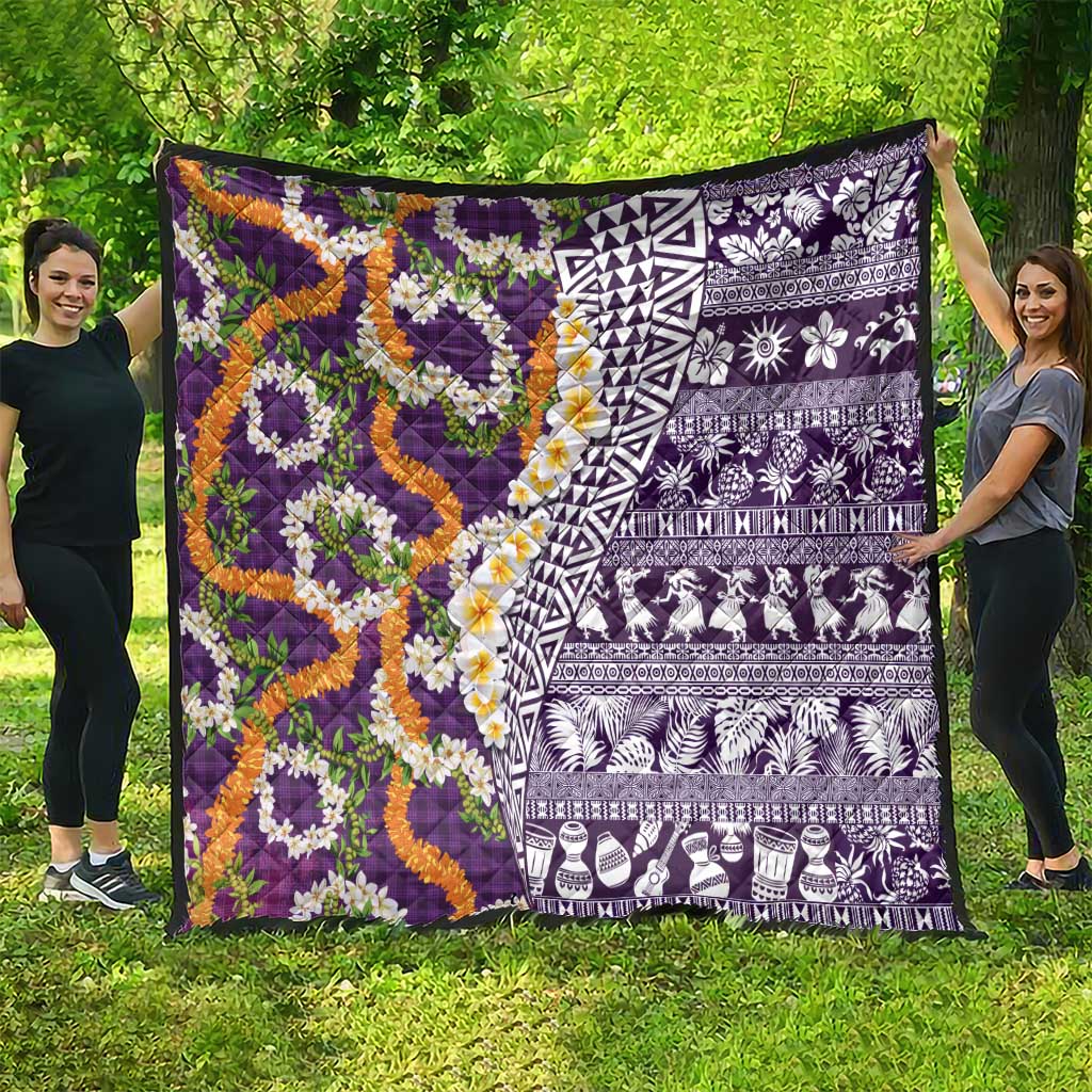 Hawaiian Plumeria Lei Quilt Kakau Motifs and Palaka Half Style Purple Color LT03 - Polynesian Pride