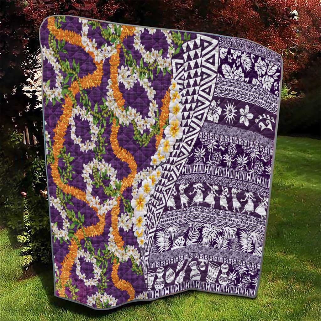 Hawaiian Plumeria Lei Quilt Kakau Motifs and Palaka Half Style Purple Color LT03 - Polynesian Pride