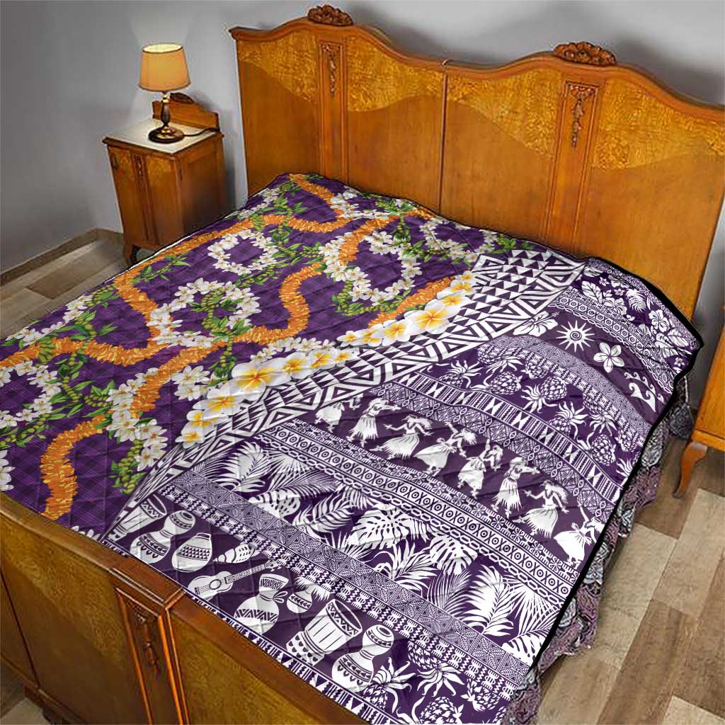Hawaiian Plumeria Lei Quilt Kakau Motifs and Palaka Half Style Purple Color LT03 - Polynesian Pride