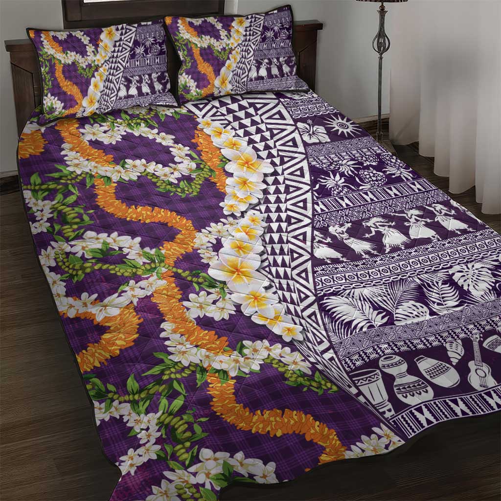 Hawaiian Plumeria Lei Quilt Bed Set Kakau Motifs and Palaka Half Style Purple Color LT03 Purple - Polynesian Pride