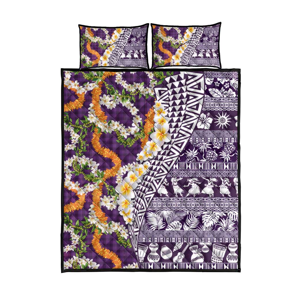 Hawaiian Plumeria Lei Quilt Bed Set Kakau Motifs and Palaka Half Style Purple Color LT03 - Polynesian Pride