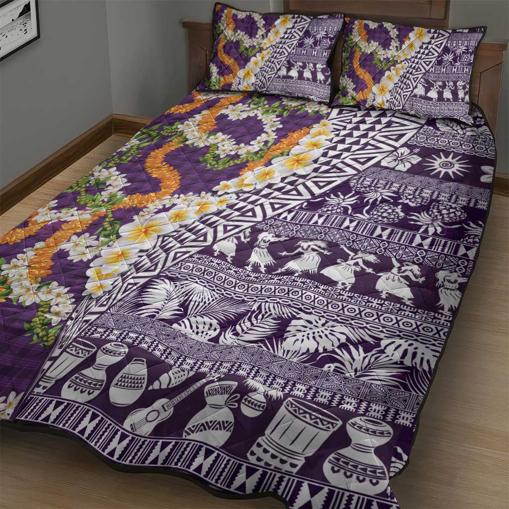 Hawaiian Plumeria Lei Quilt Bed Set Kakau Motifs and Palaka Half Style Purple Color LT03 - Polynesian Pride