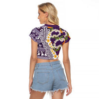 Hawaiian Plumeria Lei Raglan Cropped T Shirt Kakau Motifs and Palaka Half Style Purple Color LT03 - Polynesian Pride