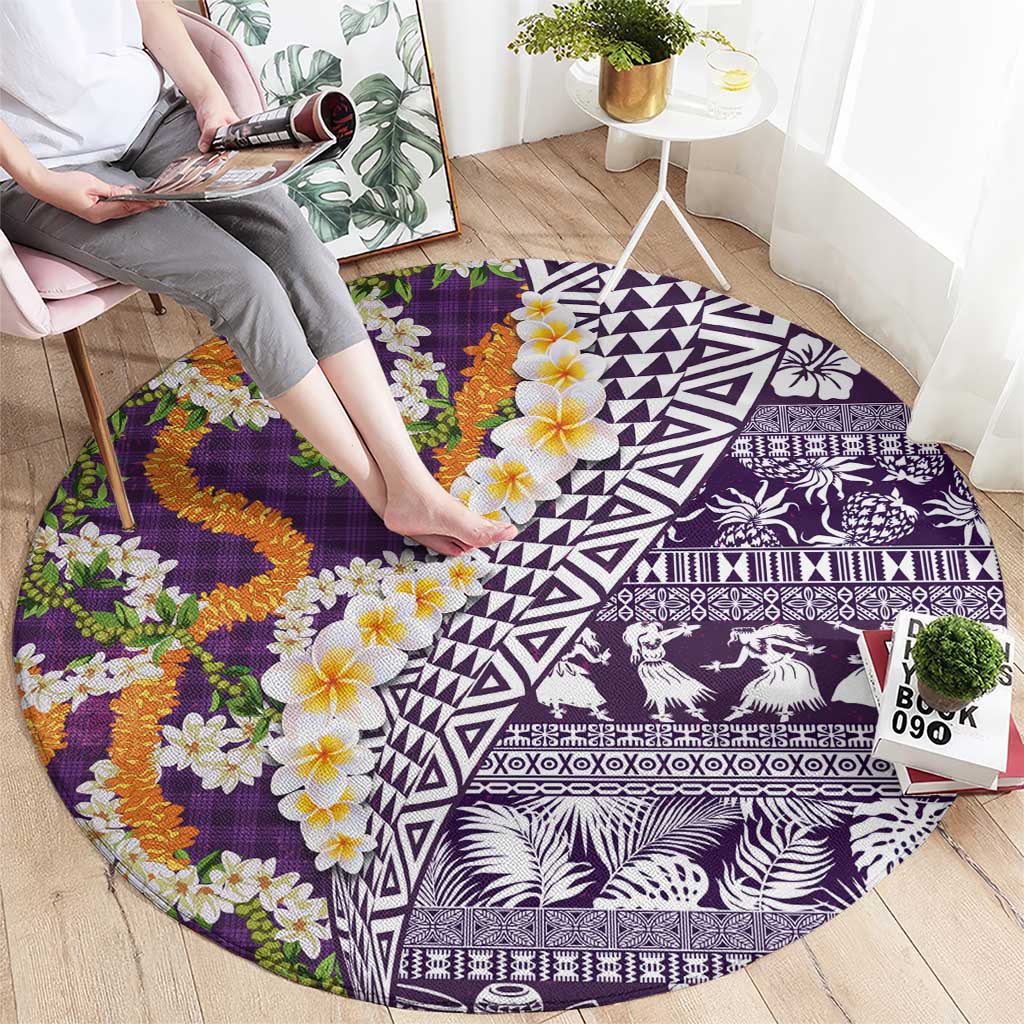 Hawaiian Plumeria Lei Round Carpet Kakau Motifs and Palaka Half Style Purple Color LT03 - Polynesian Pride