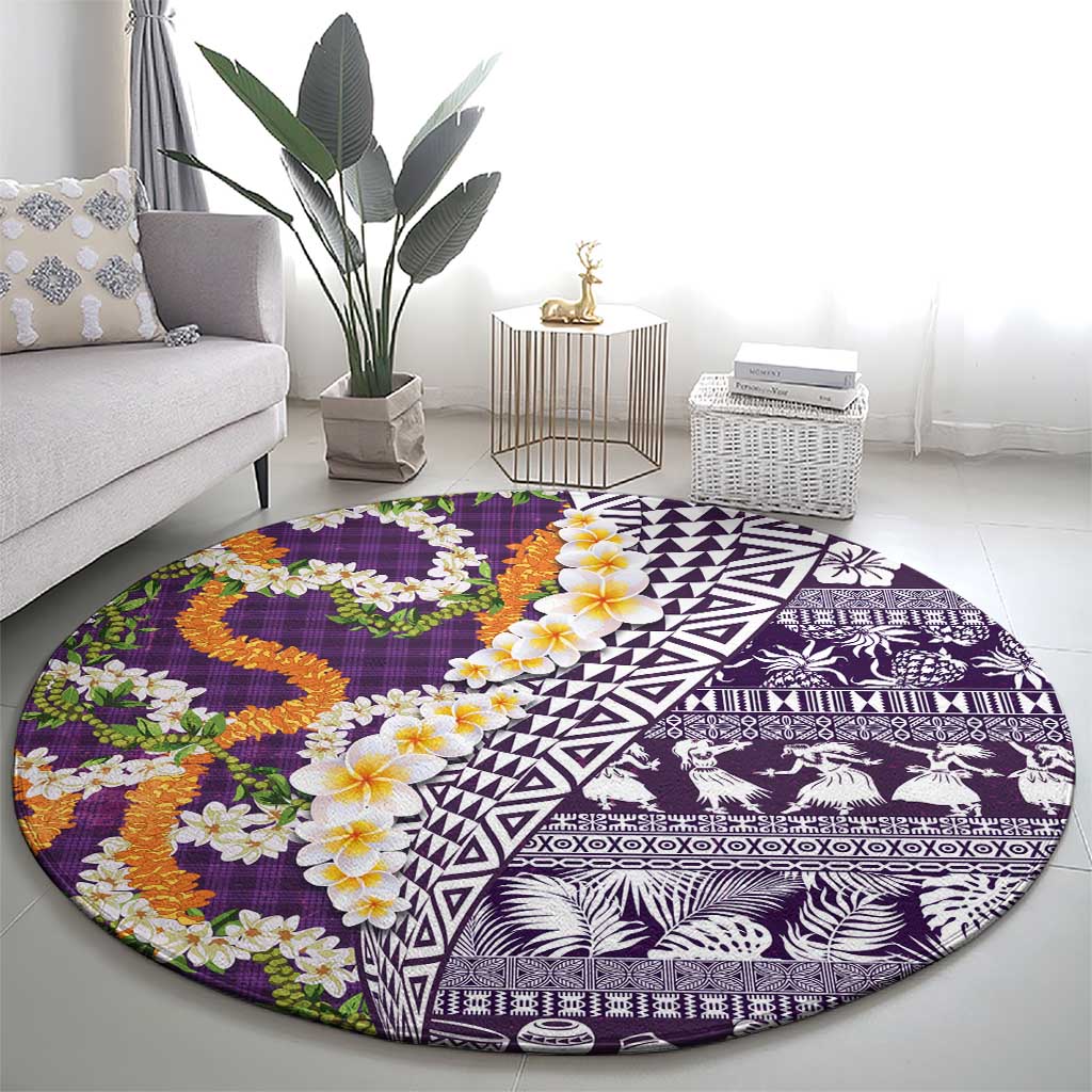 Hawaiian Plumeria Lei Round Carpet Kakau Motifs and Palaka Half Style Purple Color LT03 - Polynesian Pride
