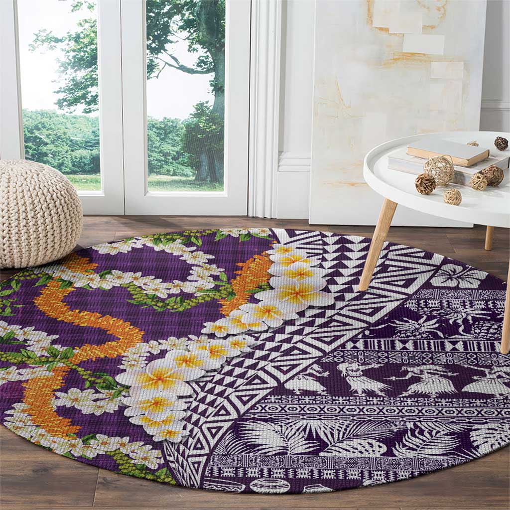 Hawaiian Plumeria Lei Round Carpet Kakau Motifs and Palaka Half Style Purple Color LT03 - Polynesian Pride