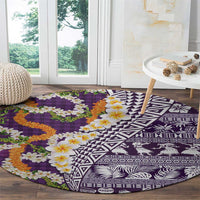 Hawaiian Plumeria Lei Round Carpet Kakau Motifs and Palaka Half Style Purple Color LT03 - Polynesian Pride