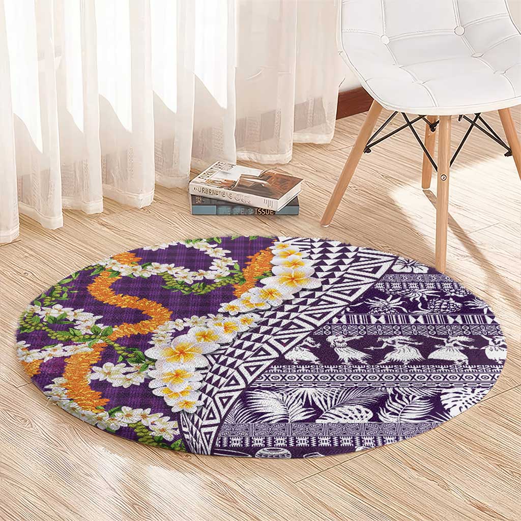 Hawaiian Plumeria Lei Round Carpet Kakau Motifs and Palaka Half Style Purple Color LT03 - Polynesian Pride