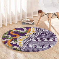 Hawaiian Plumeria Lei Round Carpet Kakau Motifs and Palaka Half Style Purple Color LT03 - Polynesian Pride