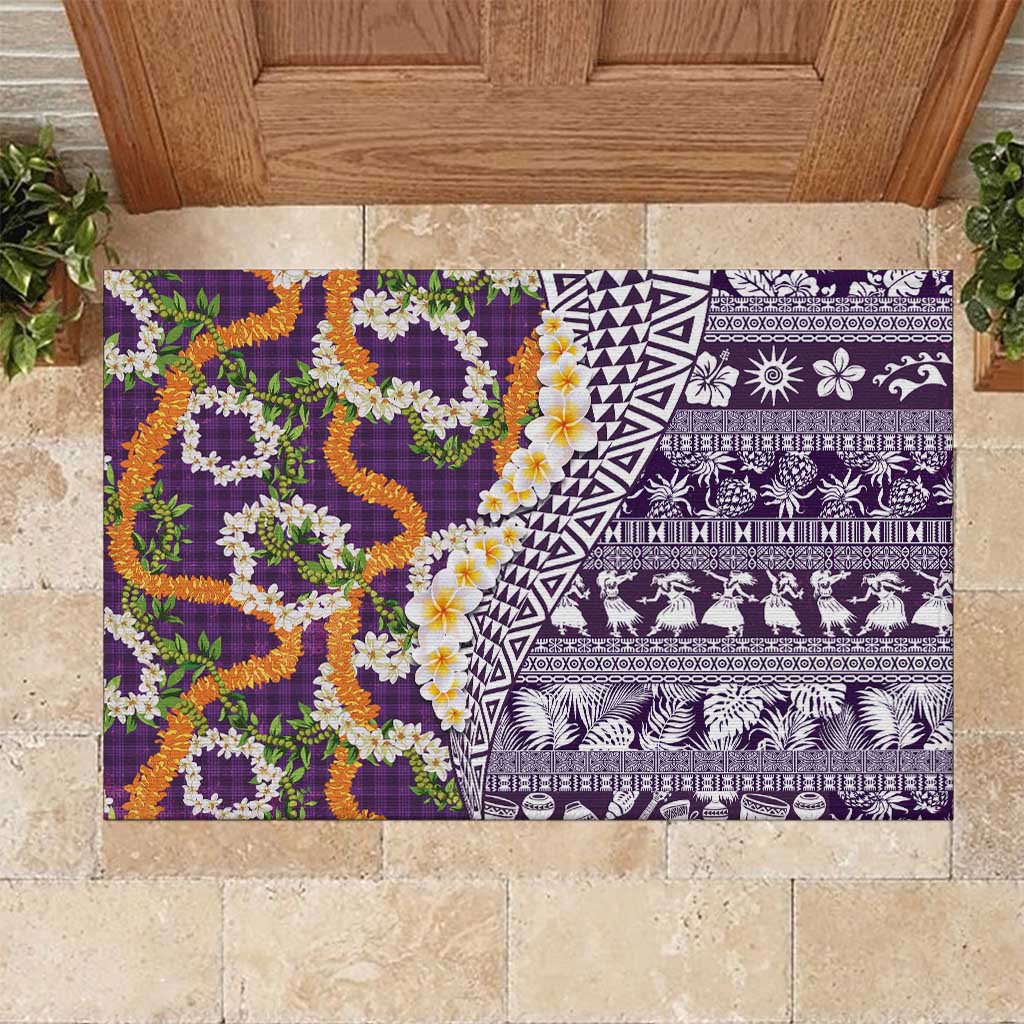 Hawaiian Plumeria Lei Rubber Doormat Kakau Motifs and Palaka Half Style Purple Color LT03 Purple - Polynesian Pride