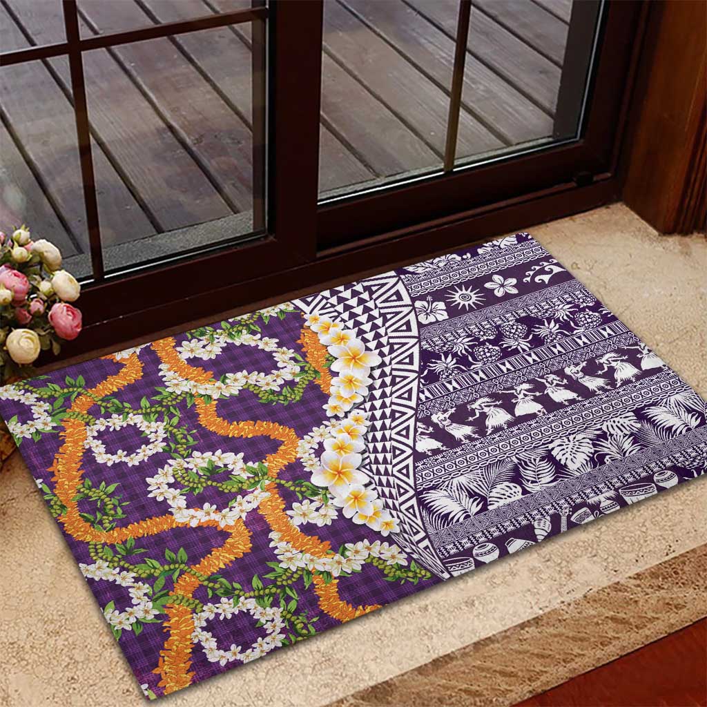 Hawaiian Plumeria Lei Rubber Doormat Kakau Motifs and Palaka Half Style Purple Color LT03 - Polynesian Pride