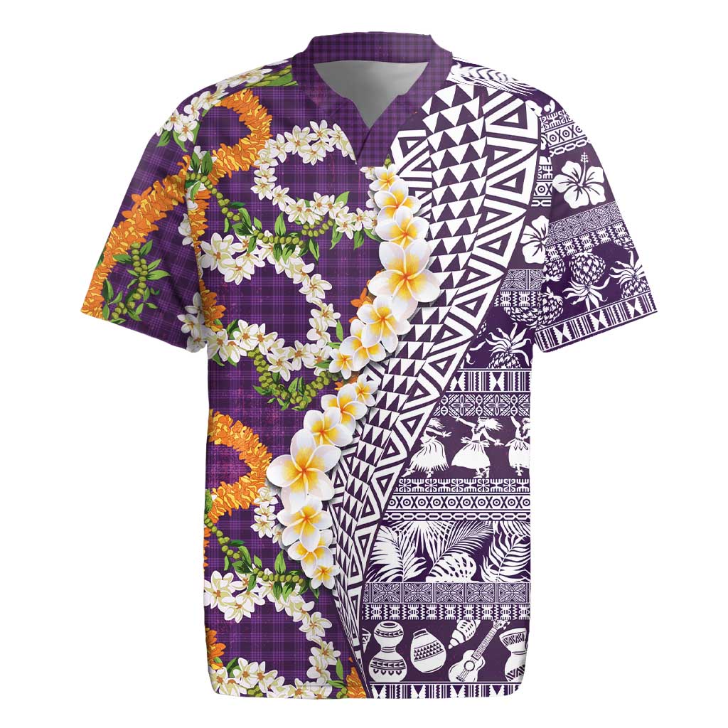 Hawaiian Plumeria Lei Rugby Jersey Kakau Motifs and Palaka Half Style Purple Color LT03 Purple - Polynesian Pride